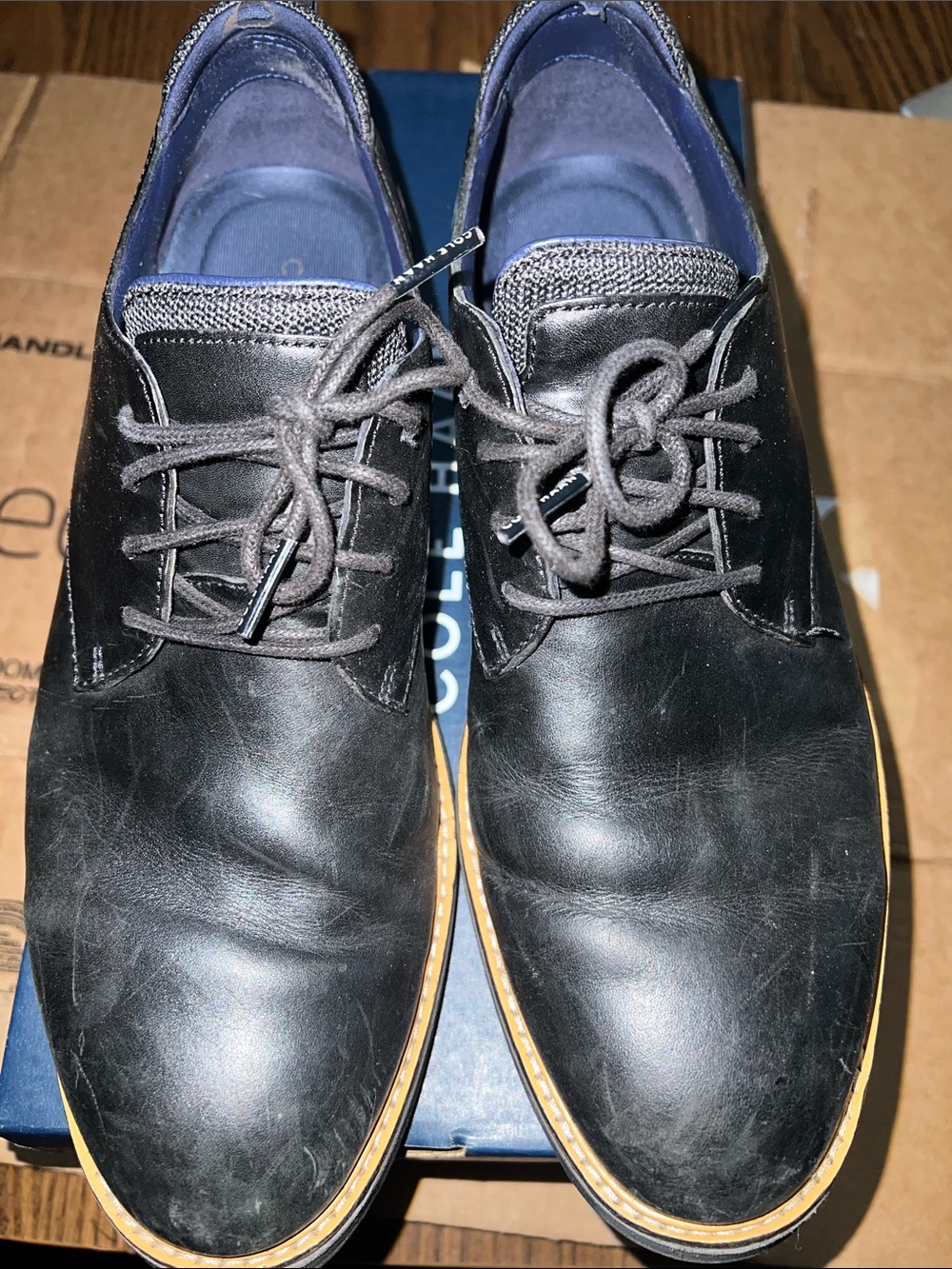 Cole Haan Black Leather Derby Shoes with Tan Welt